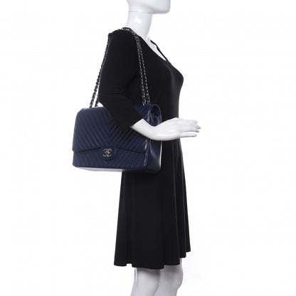 Chanel Caviar Chevron Quilted Maxi Double Flap Navy 2 of 10
