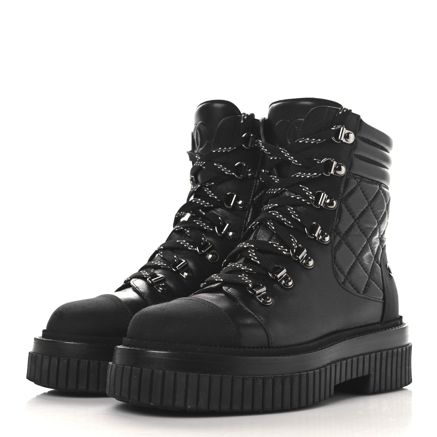 Chanel Calfskin Grosgrain Quilted Lace Up Boots 35 Black Grey 4 of 9