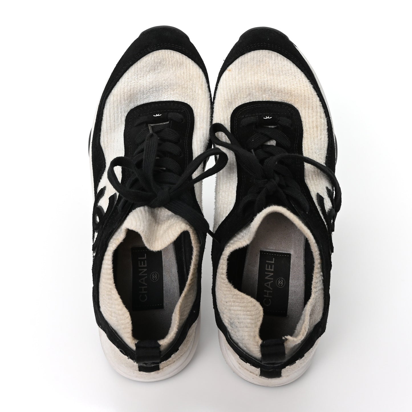 Knit Fabric Suede Calfskin Womens CC Sneakers  41 White Black