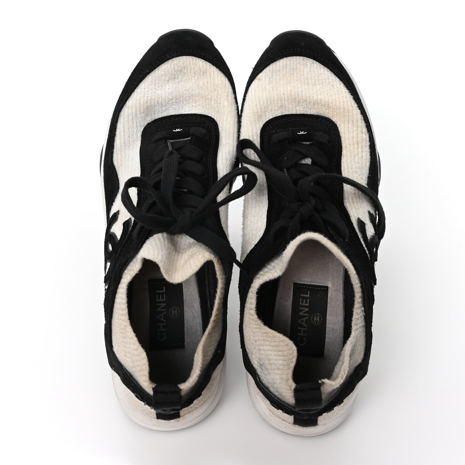 Chanel Knit Fabric Suede Calfskin Womens CC Sneakers  41 White Black 2 of 8