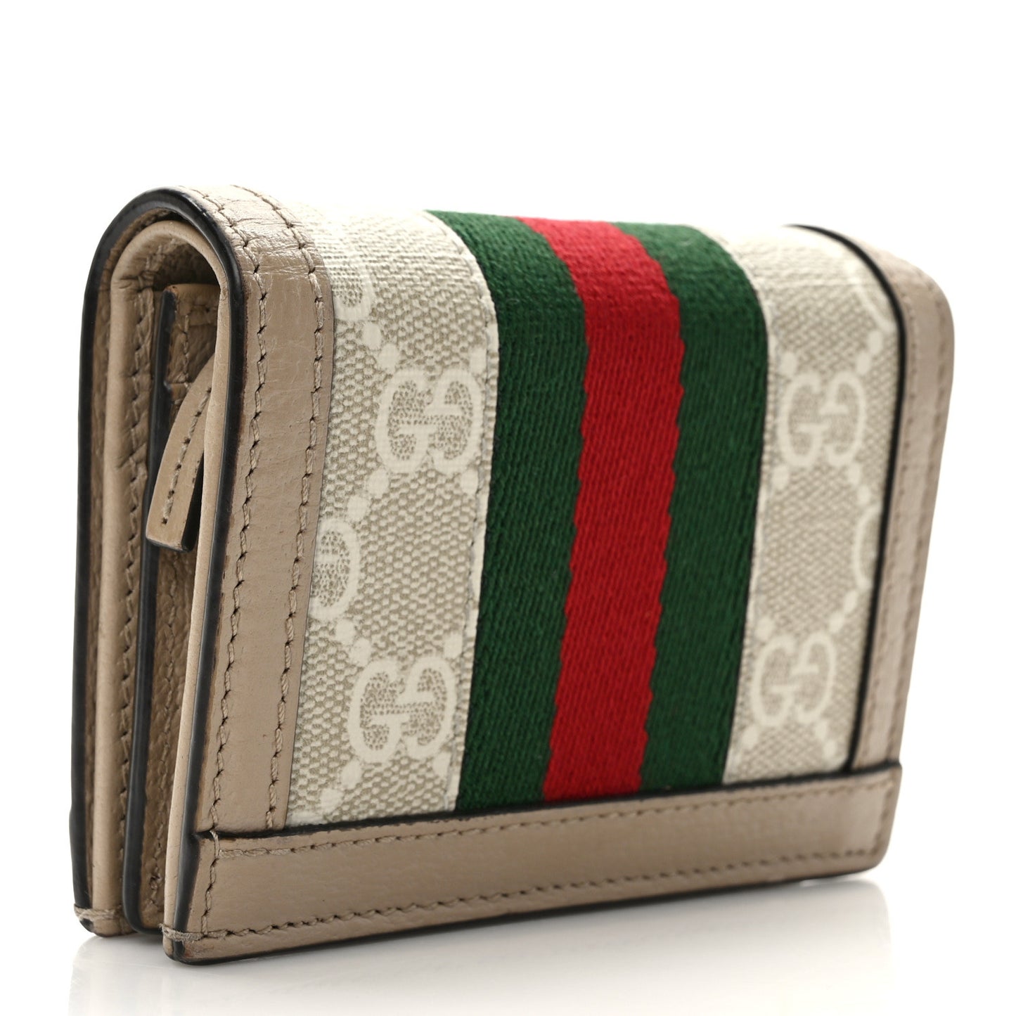 GG Supreme Monogram Textured Dollar Calfskin Web Ophidia Card Case Beige Mystic White Oatmeal