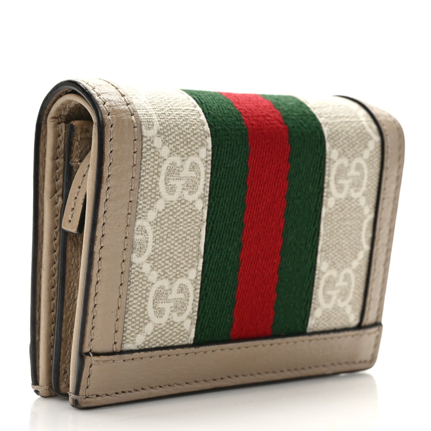 Gucci GG Supreme Monogram Textured Dollar Calfskin Web Ophidia Card Case Beige Mystic White Oatmeal 3 of 6