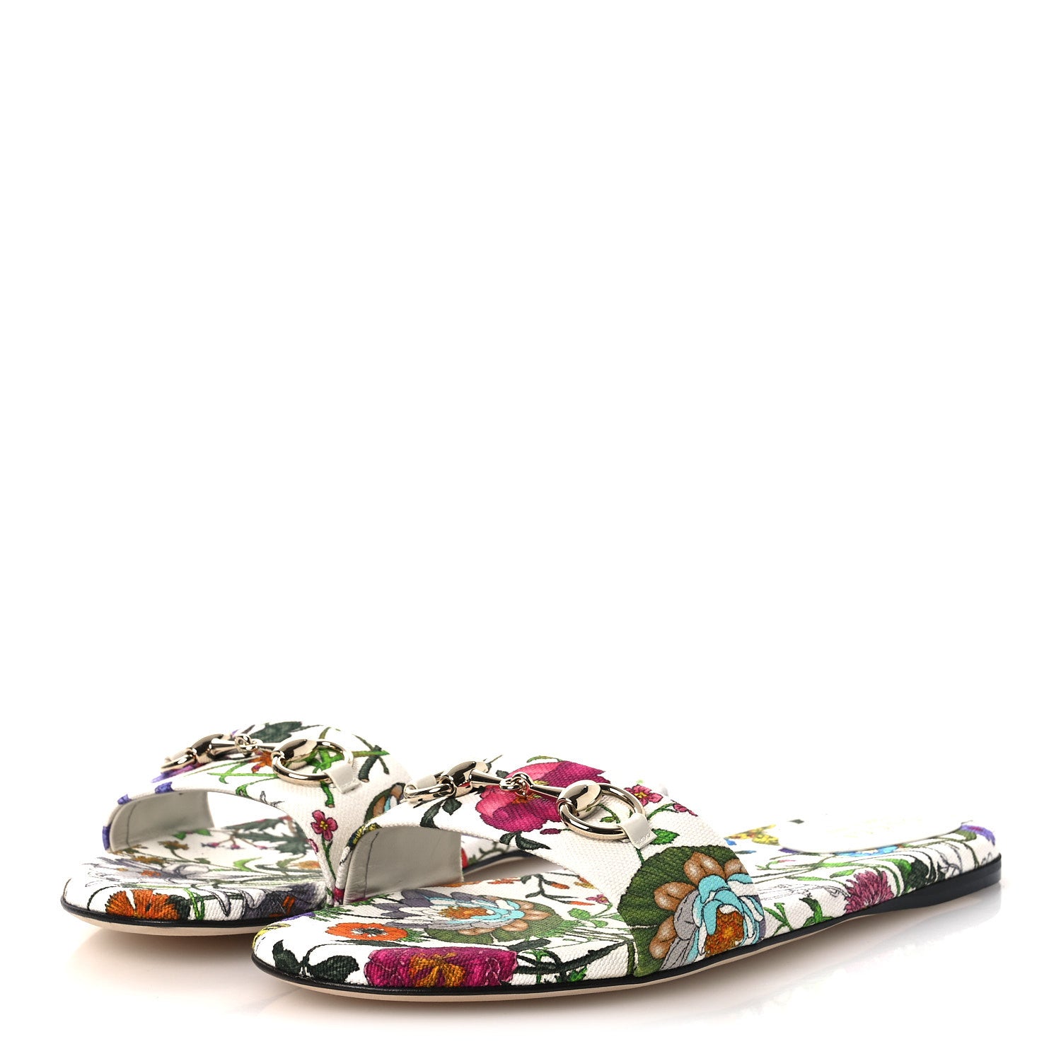 Gucci Canvas Flora Print Horsebit Slide Sandals 38 White 4 of 11