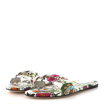 Gucci Canvas Flora Print Horsebit Slide Sandals 38 White 4 of 11