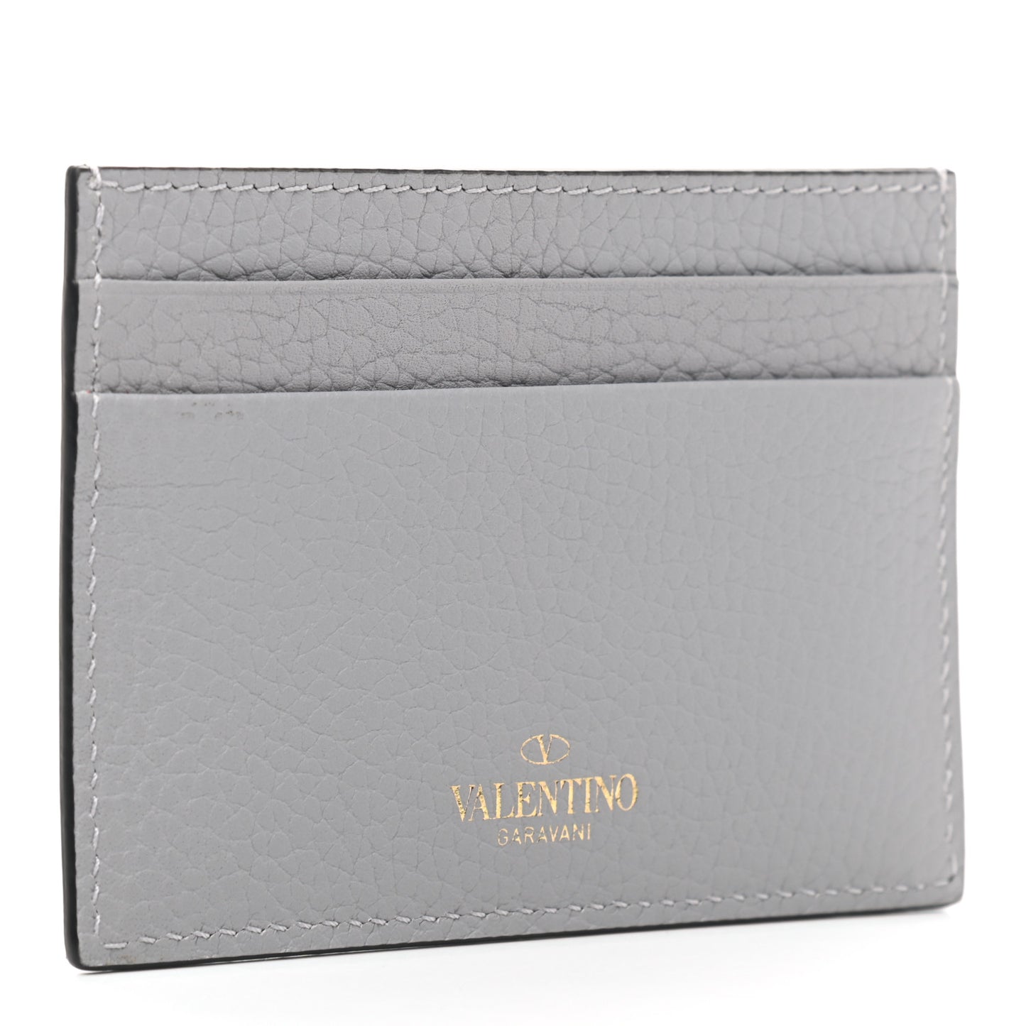 Pebbled Calfskin Rockstud Card Holder Grey