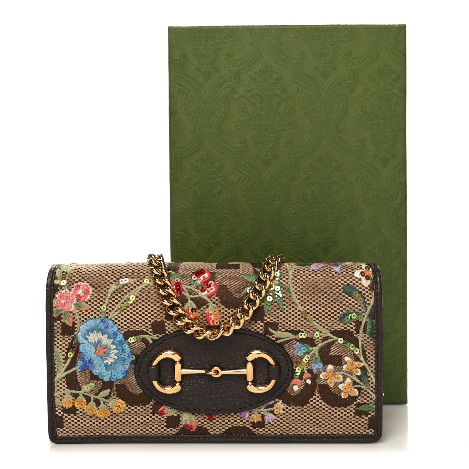 Gucci Monogram Jumbo GG Textured Dollar Calfskin Embroidered Horsebit 1955 Wallet On Chain Camel Ebony New Acero Multicolor 11 of 11
