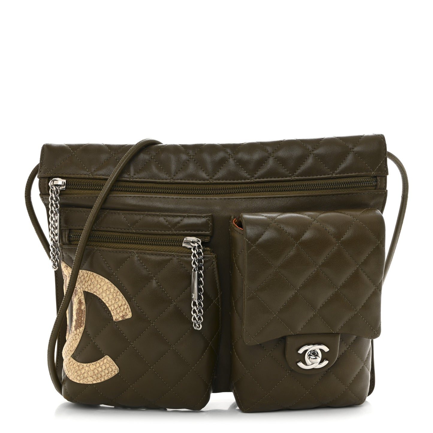 Calfskin Snakeskin Quilted Cambon Multipocket Shoulder Bag Khaki