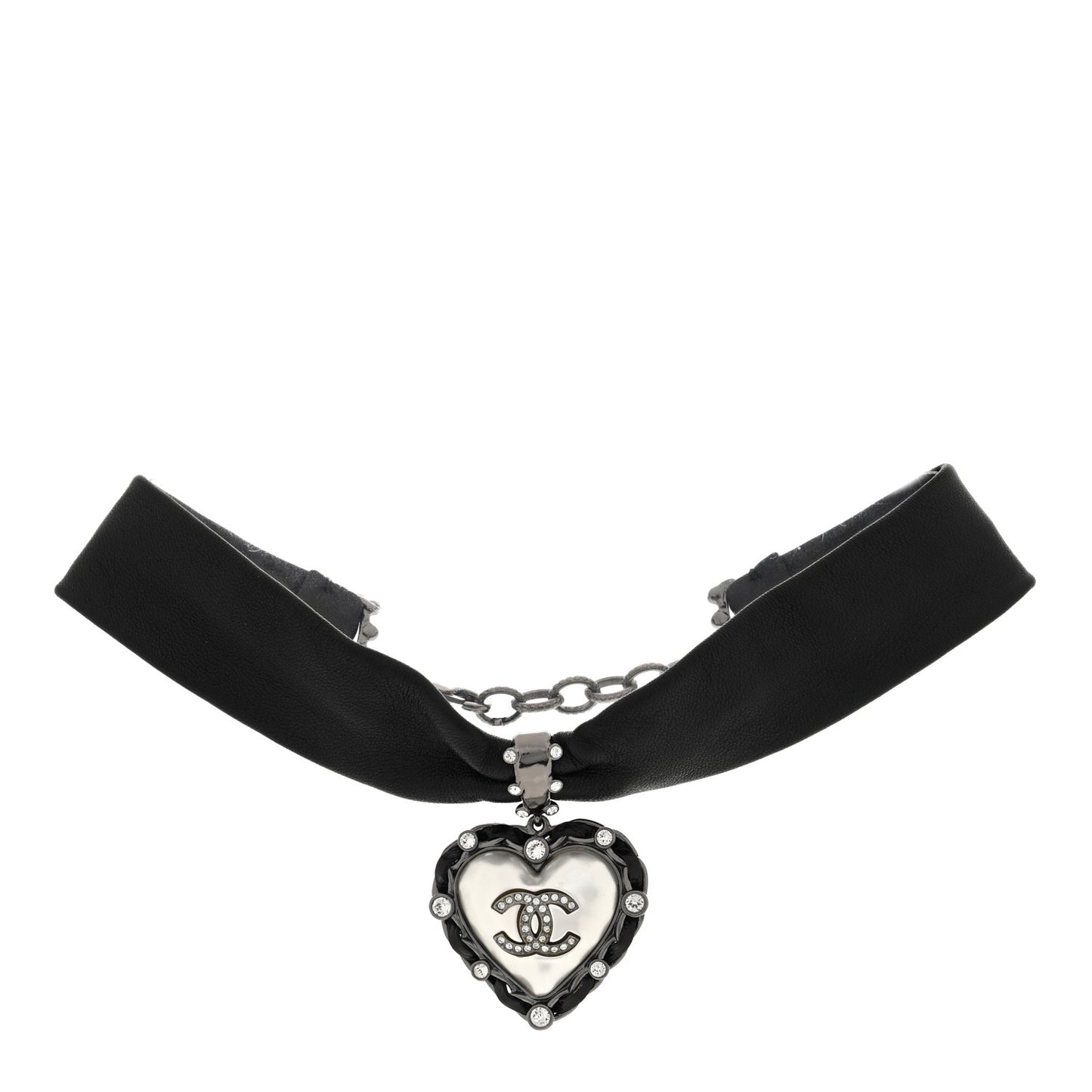 Lambskin Crystal CC Heart Choker Ruthenium Black