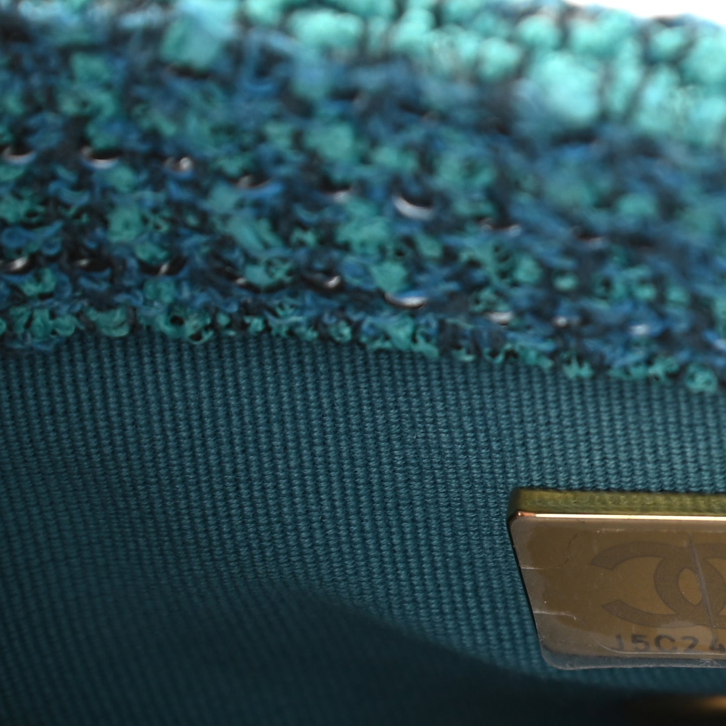 Tweed Enamel Quilted Pending CC Mini Square Flap Blue Green