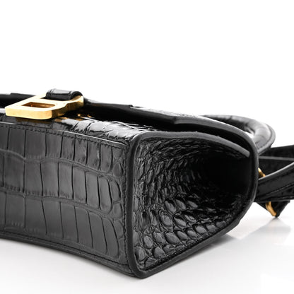 Balenciaga Shiny Calfskin Crocodile Embossed Hourglass Top Handle Bag XS Black 9 of 10
