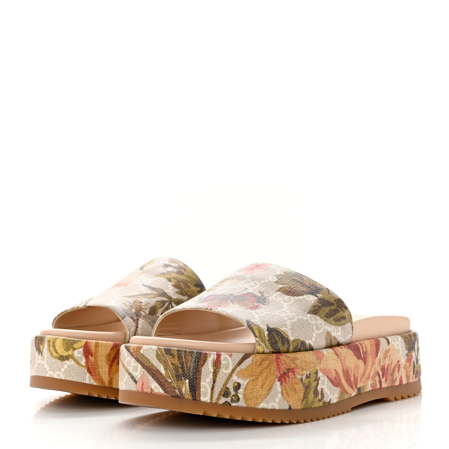 Gucci GG Supreme Monogram Water Flora Angelina Platform Slide Sandals 38.5 Beige White Multicolor 3 of 10