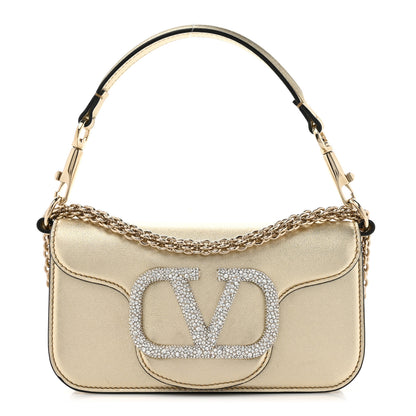 Valentino Garavani Metallic Calfskin Crystal Vlogo Small Loco Shoulder Bag Platino 1 of 11