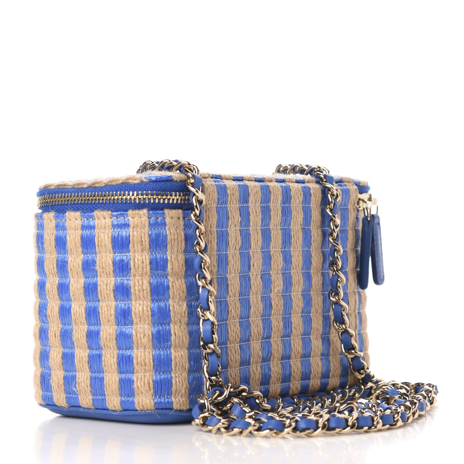 Chanel Raffia Jute Striped Small Vanity Case With Chain Blue Beige 3 of 10