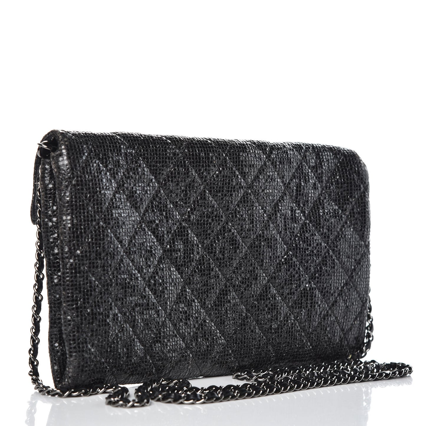 Iridescent Vinyl Quilted Clutch With Chain Black