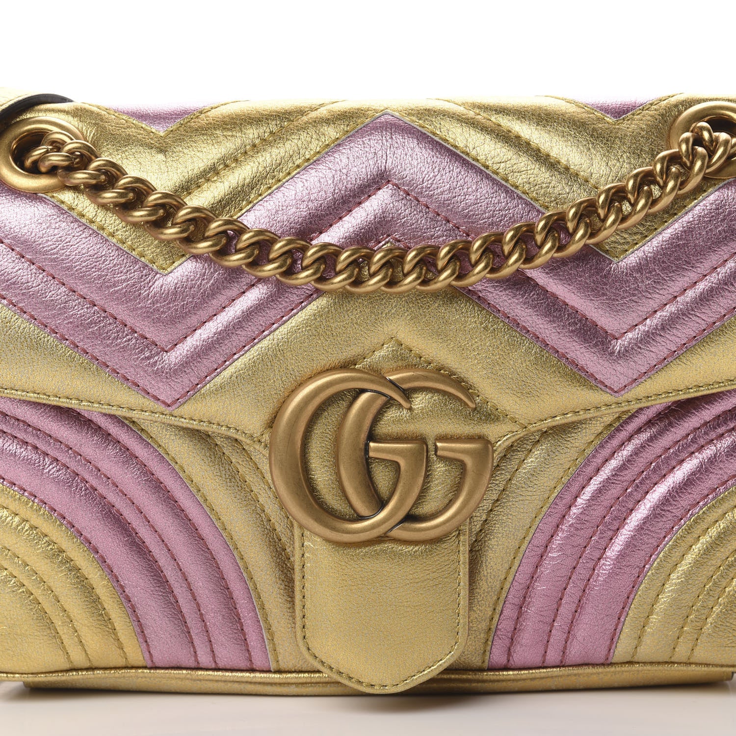 Gucci Metallic Calfskin Matelasse Small GG Marmont Shoulder Bag Gold Pink 8 of 10