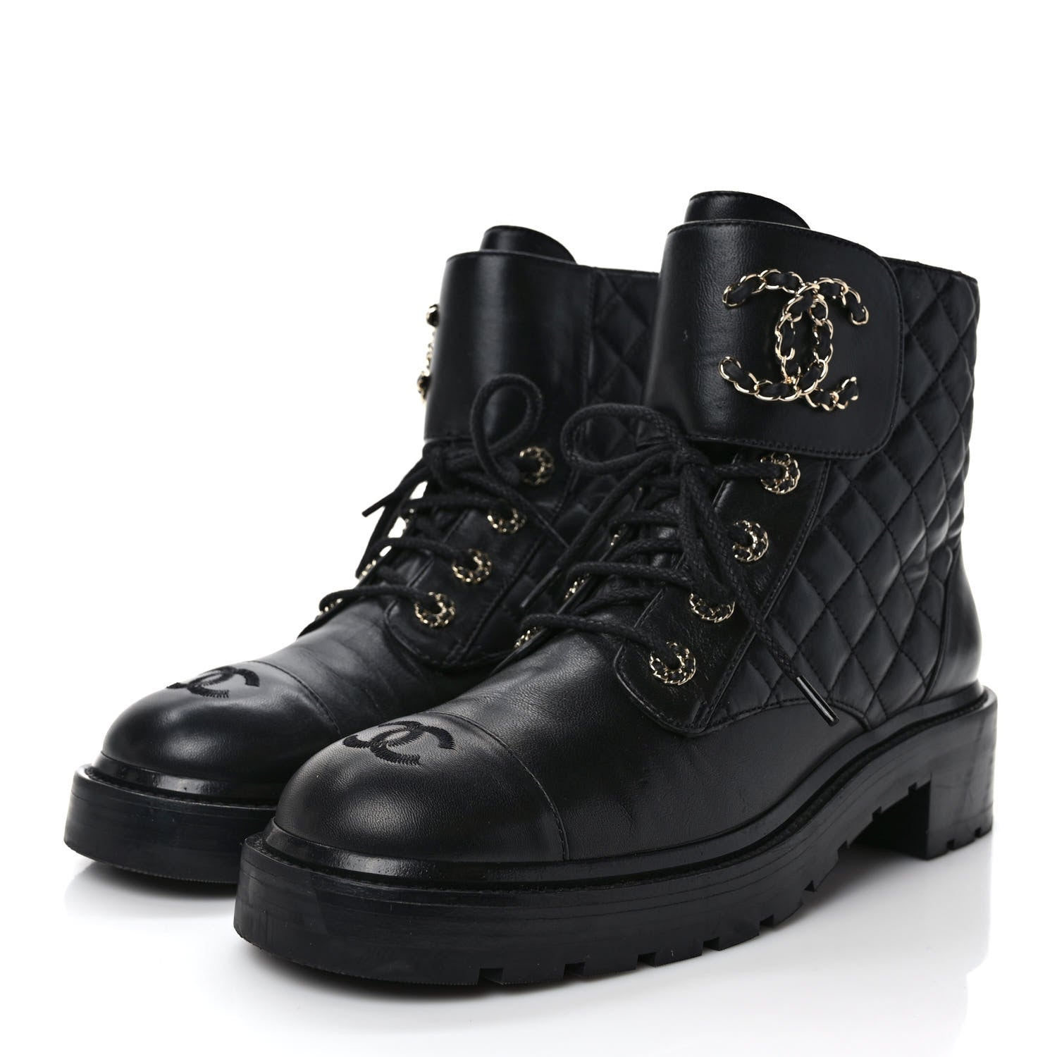 Chanel Shiny Calfskin Quilted Lace Up Combat Boots 41 Black 3 of 9
