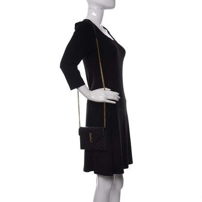 Saint Laurent Grain De Poudre Matelasse Chevron Monogram Envelope Chain Wallet Black 2 of 14