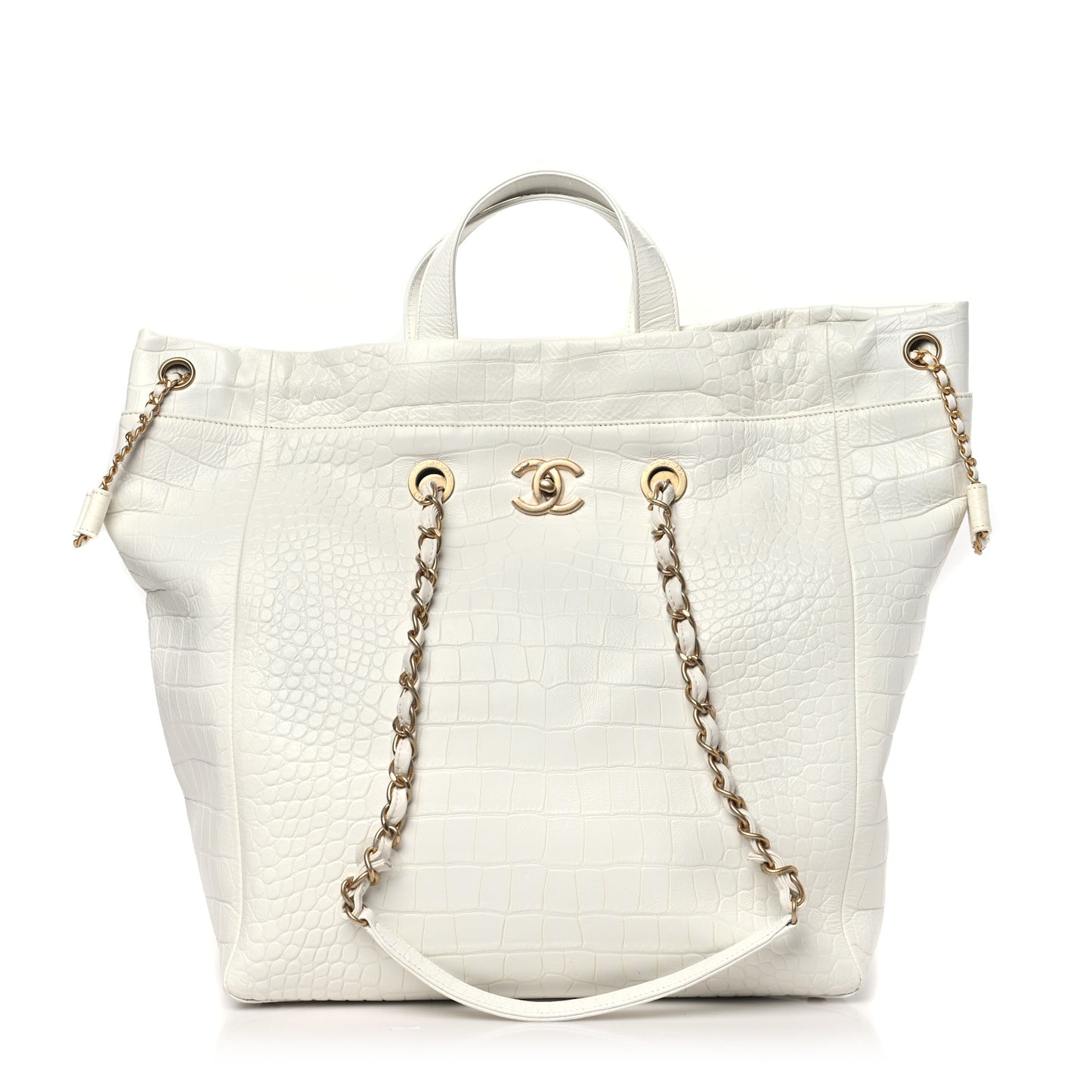 Calfskin Crocodile Embossed Large Cocodile Shopping Tote White