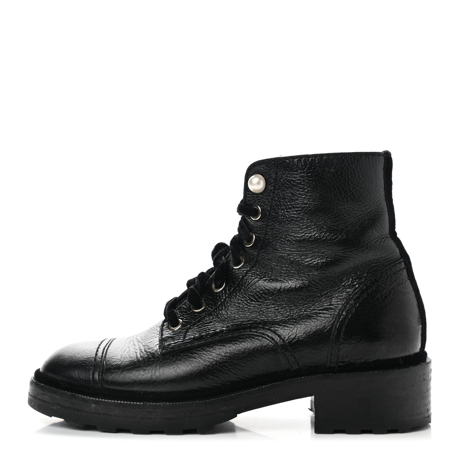 Chanel Shiny Calfskin Velvet Pearl Combat Short Boots 38.5 Black 1 of 9