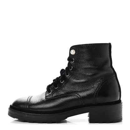 Chanel Shiny Calfskin Velvet Pearl Combat Short Boots 38.5 Black 1 of 9