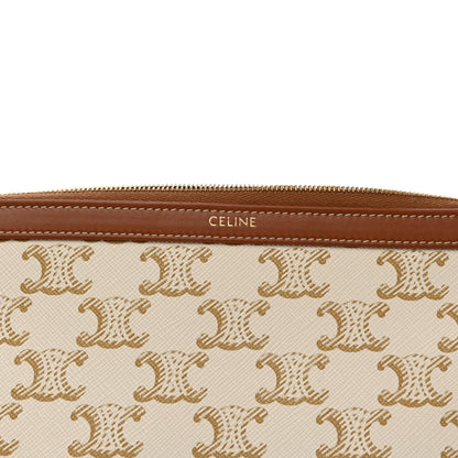 Celine Triomphe Canvas Calfskin Large Cosmetic Pouch White Tan 2 of 7