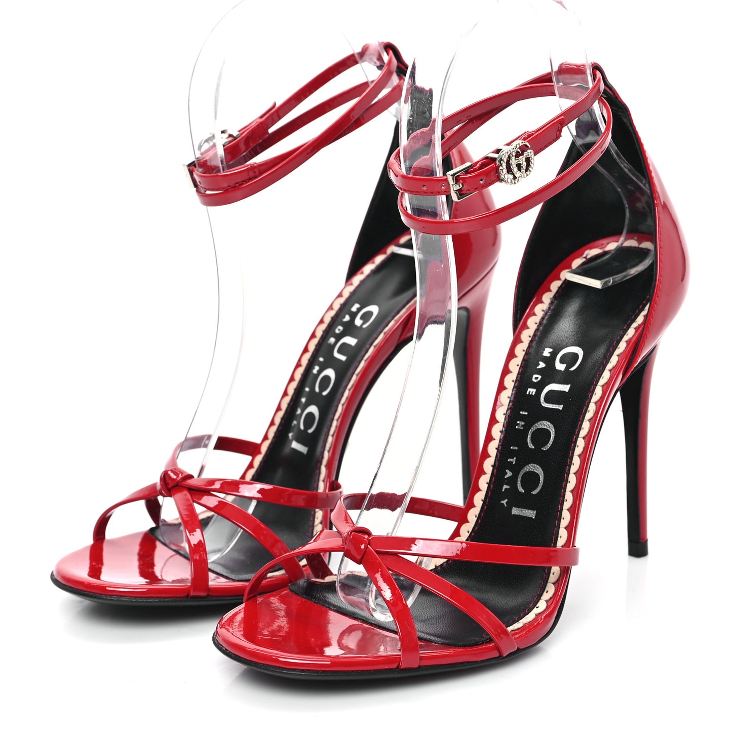 Patent Crystal Double G Ankle Wrap Sandals 36 Red