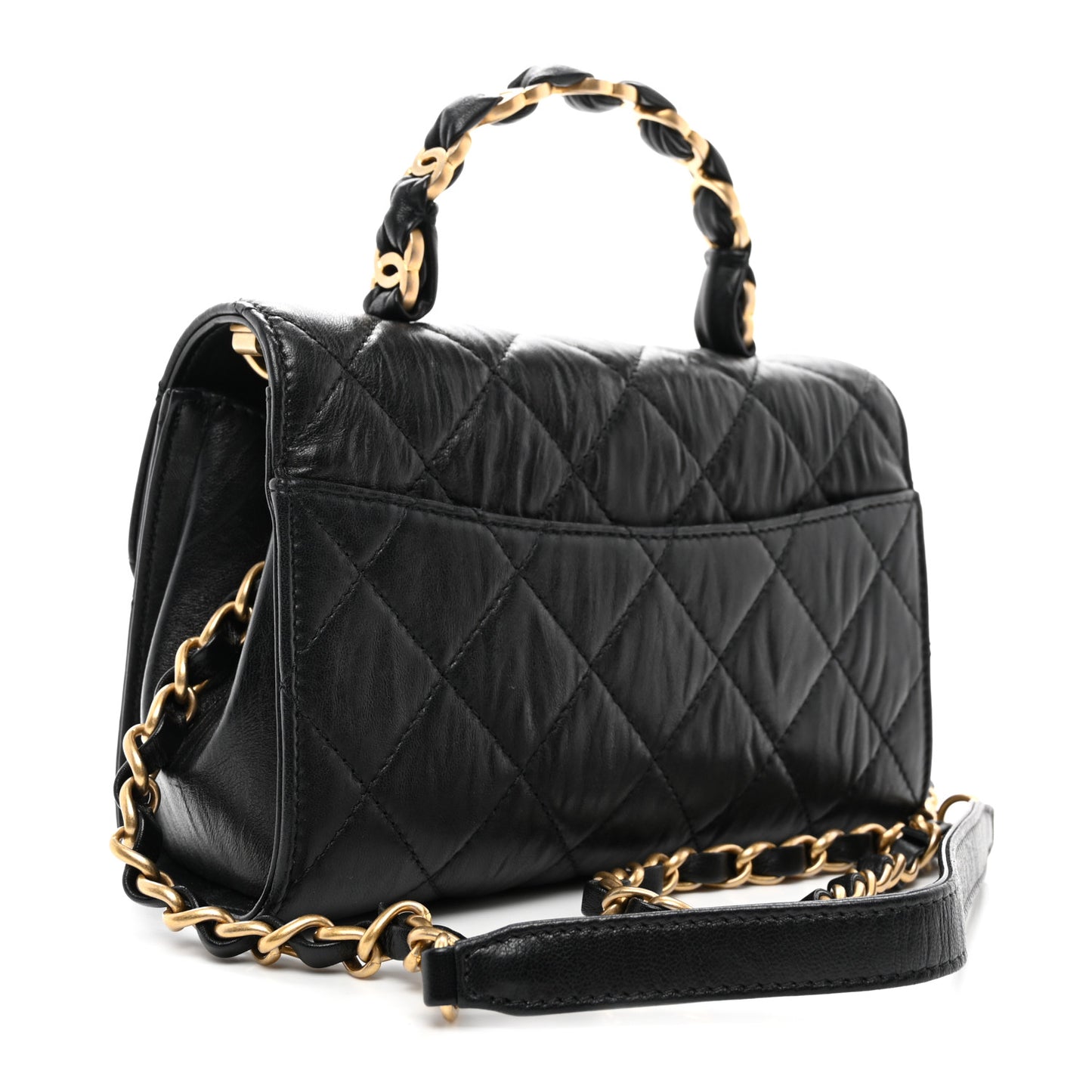 Crumpled Lambskin Quilted Mini CC Links Top Handle Flap Black