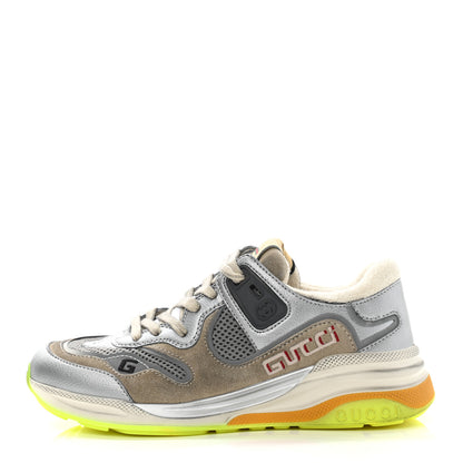 Gucci Metallic Calfskin Suede Womens Ultrapace Sneakers 35 Silver Oatmeal 1 of 9