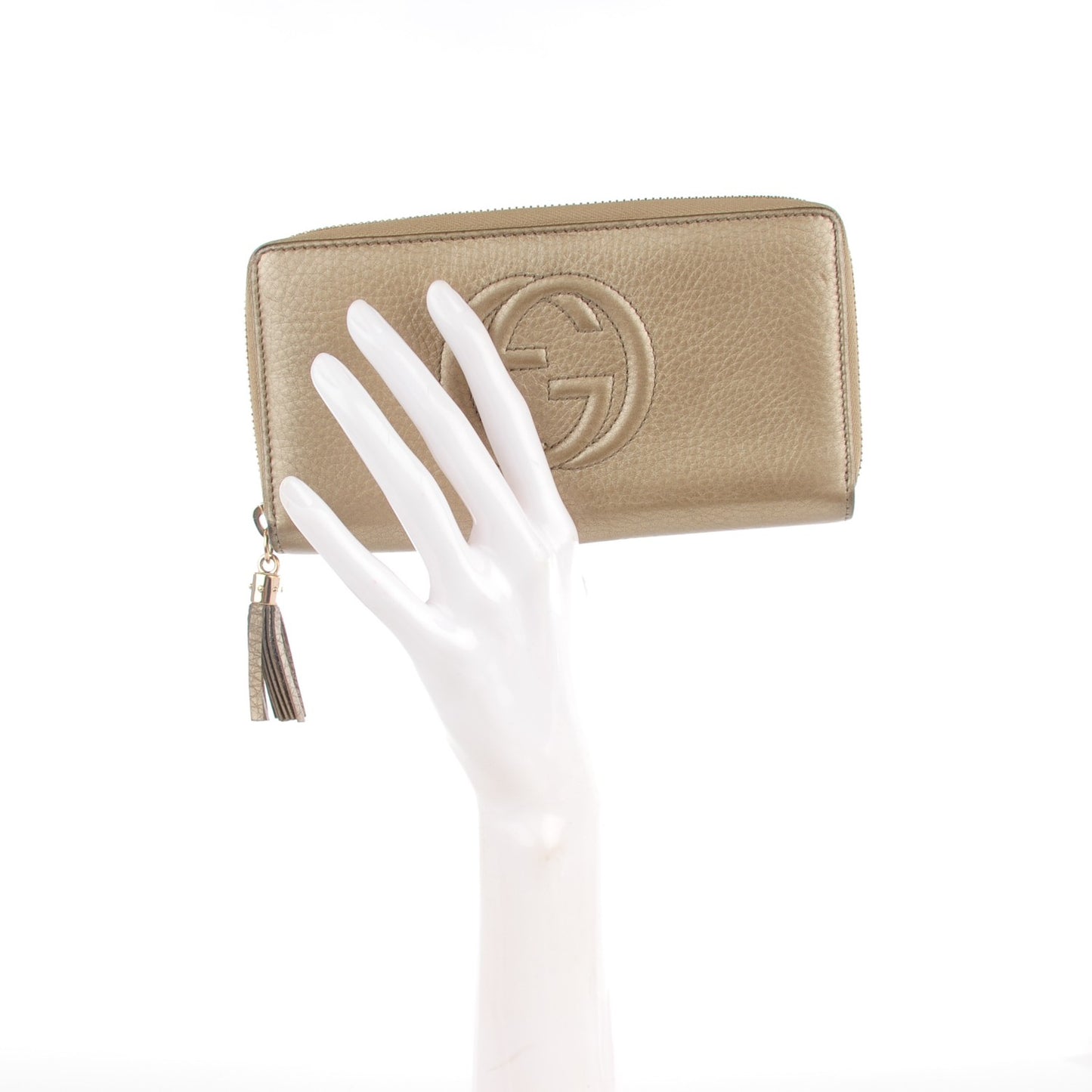 Metallic Pebbled Calfskin Soho Zip Around Wallet Golden Beige