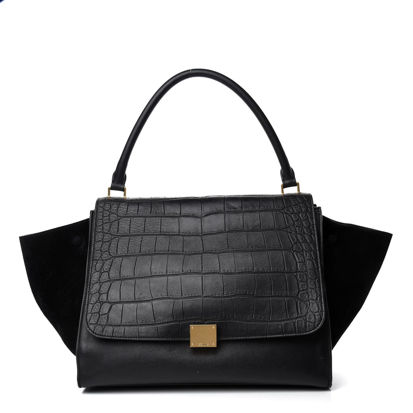 Calfskin Crocodile Embossed Suede Large Trapeze Black