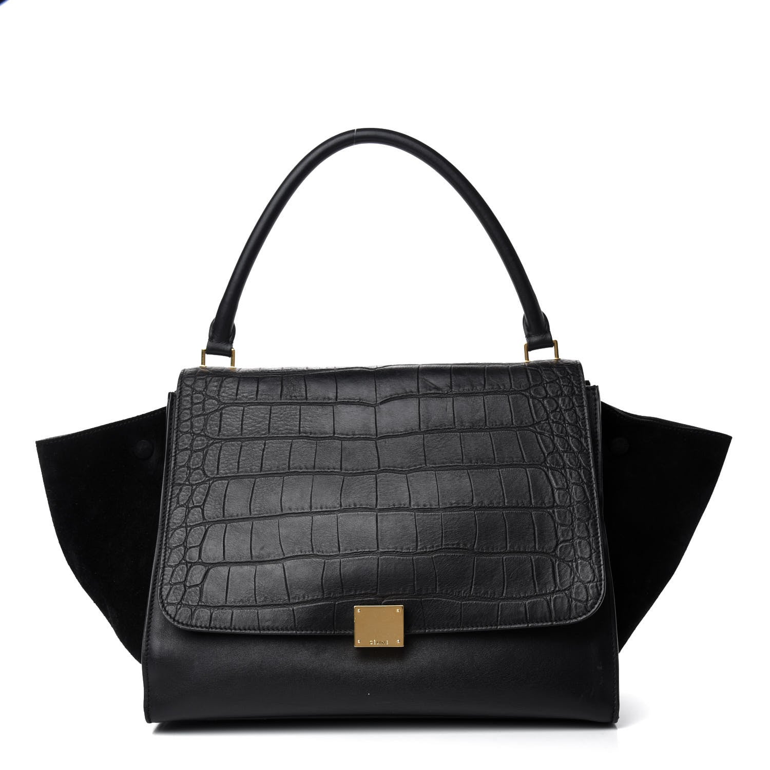 Celine Calfskin Crocodile Embossed Suede Large Trapeze Black 1 of 13