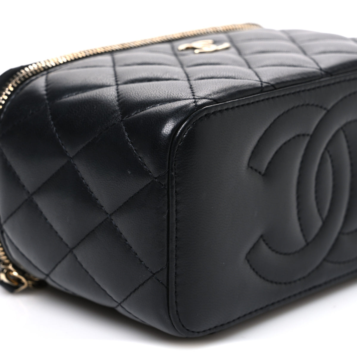 Lambskin Quilted Small Top Handle Vanity Case With Chain Black