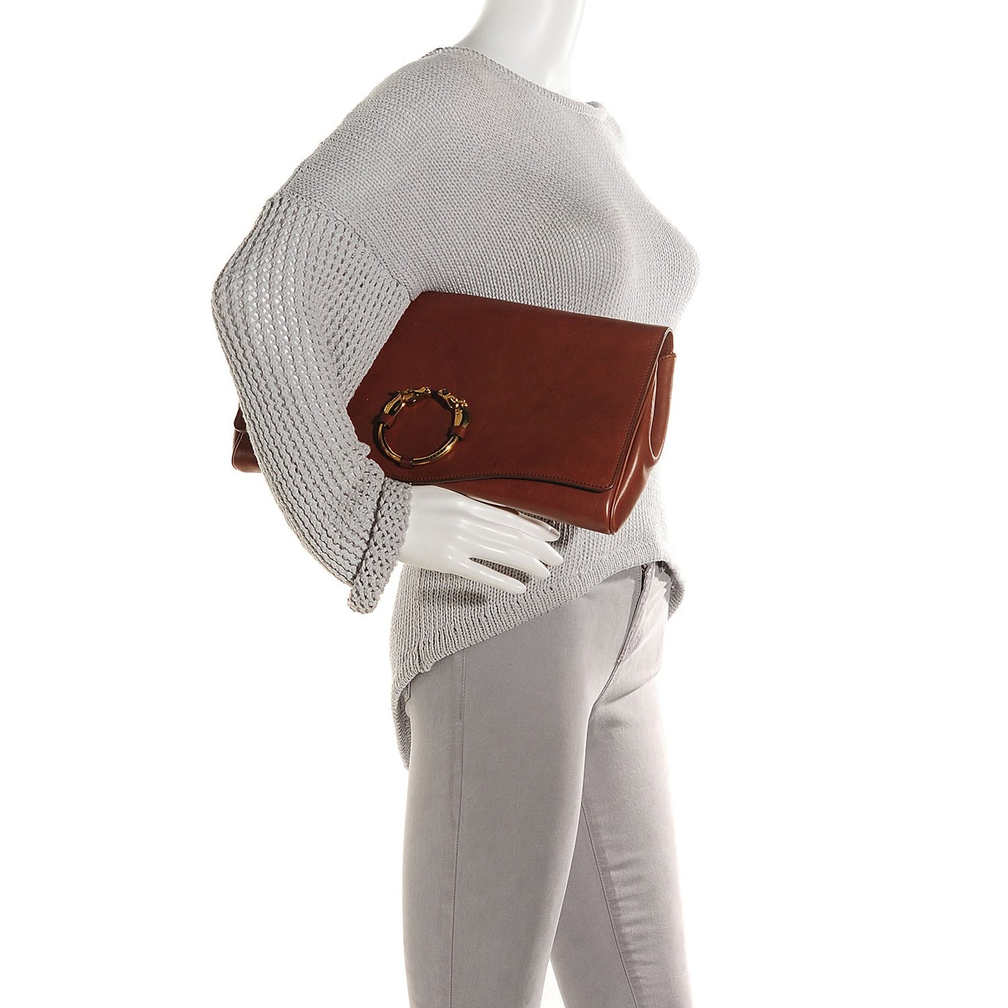 Washed Calfskin Ribot Horse-Heads Clutch Brown