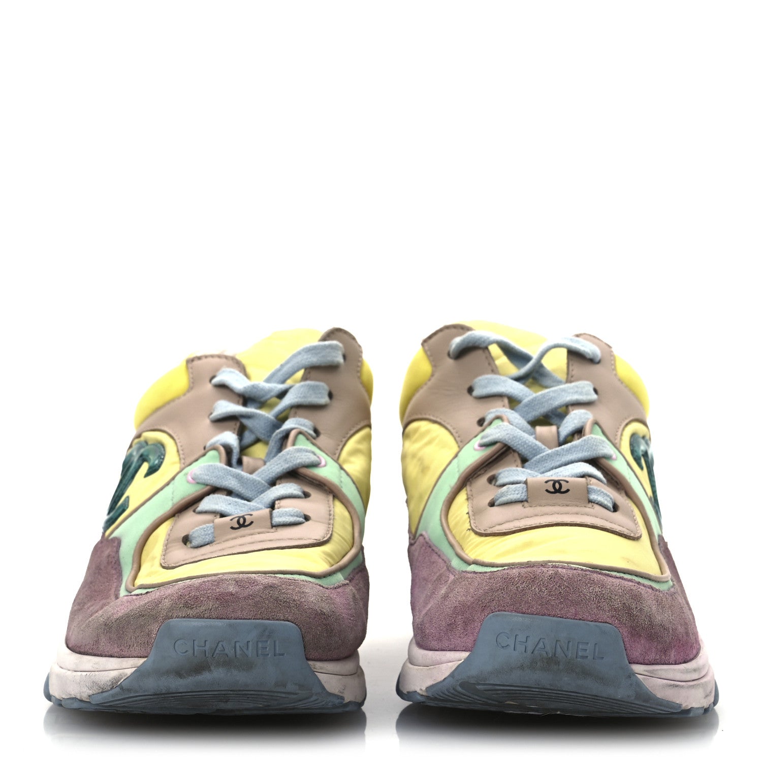 Chanel Nylon Lambskin Calfskin Suede CC Womens Sneakers 38.5 Pink Yellow Purple 3 of 15