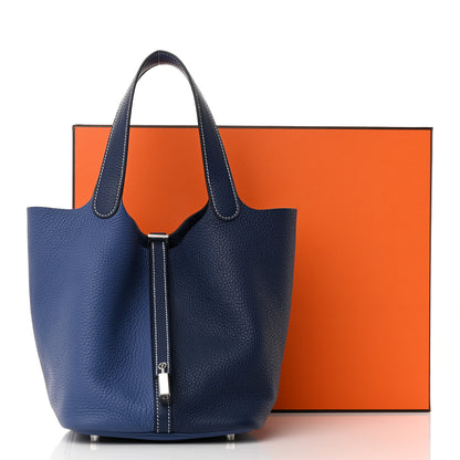 Hermes Taurillon Clemence Casaque Picotin Lock 22 MM Bleu Saphir Bleu Brighton 13 of 13