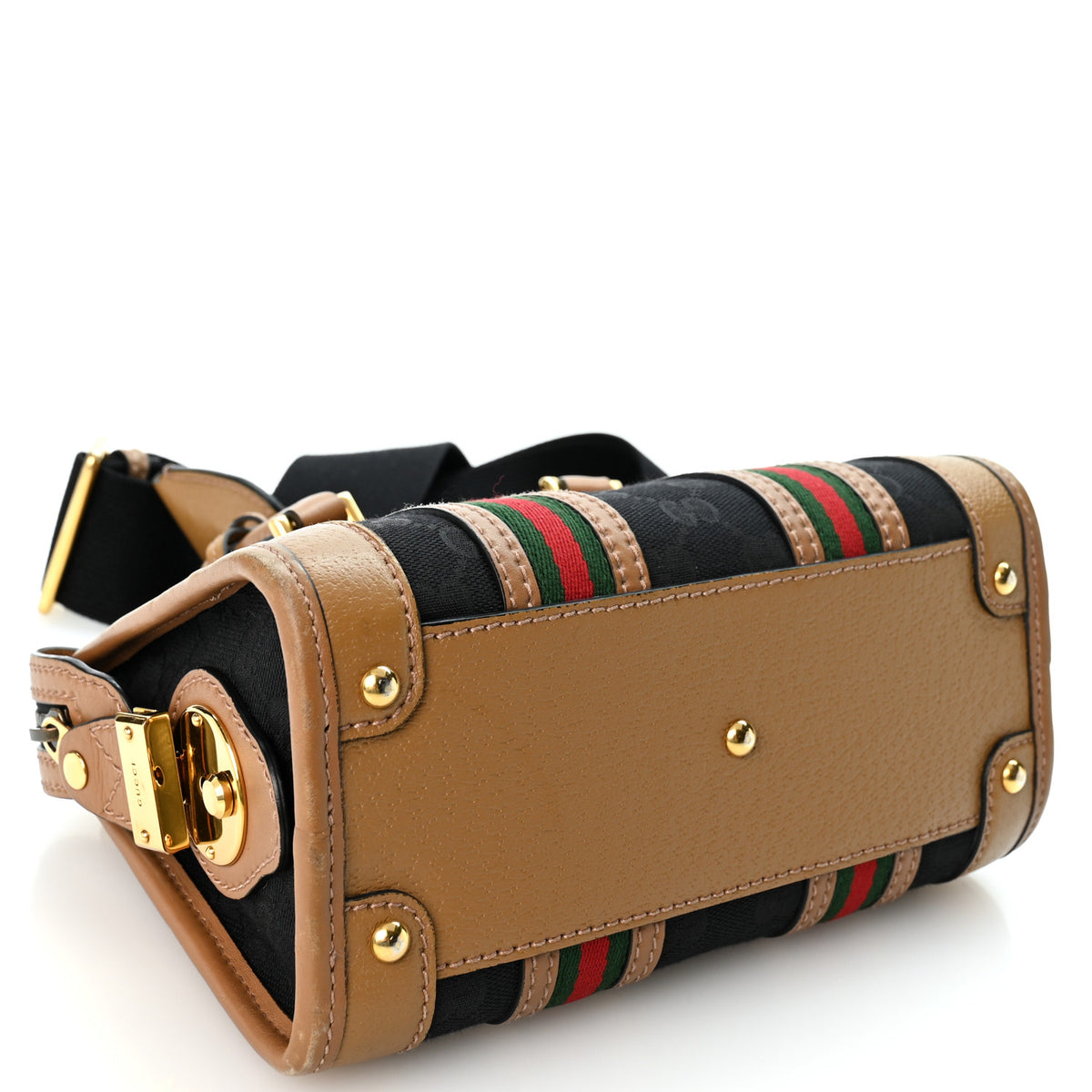 Gucci Monogram Textured Dollar Calfskin Web Mini Bauletto Duffle Top Handle Bag Black Koi Beige 4 of 13