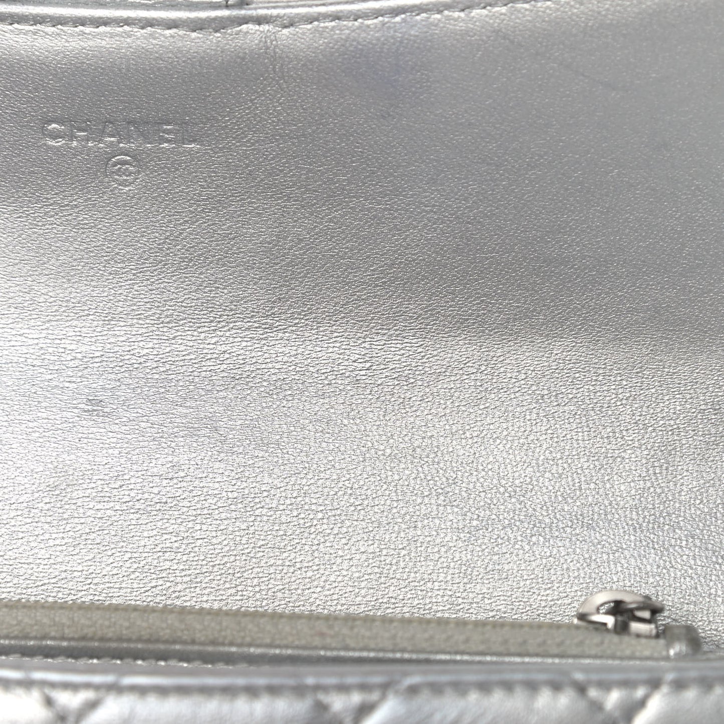 Metallic Lambskin Quilted Long Flap Wallet Silver