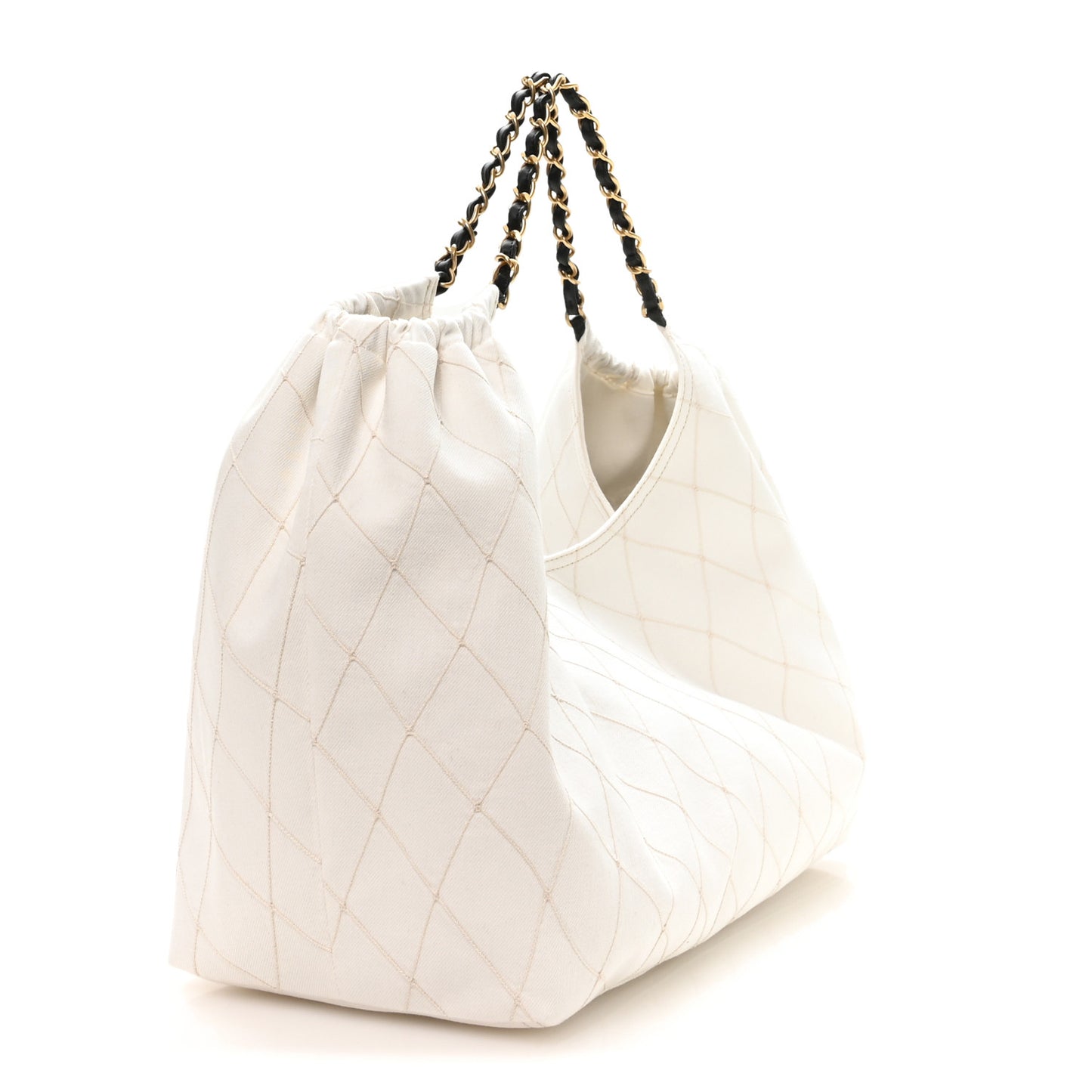 Denim Calfskin Quilted Coco Beach Small Shopping Tote White Black