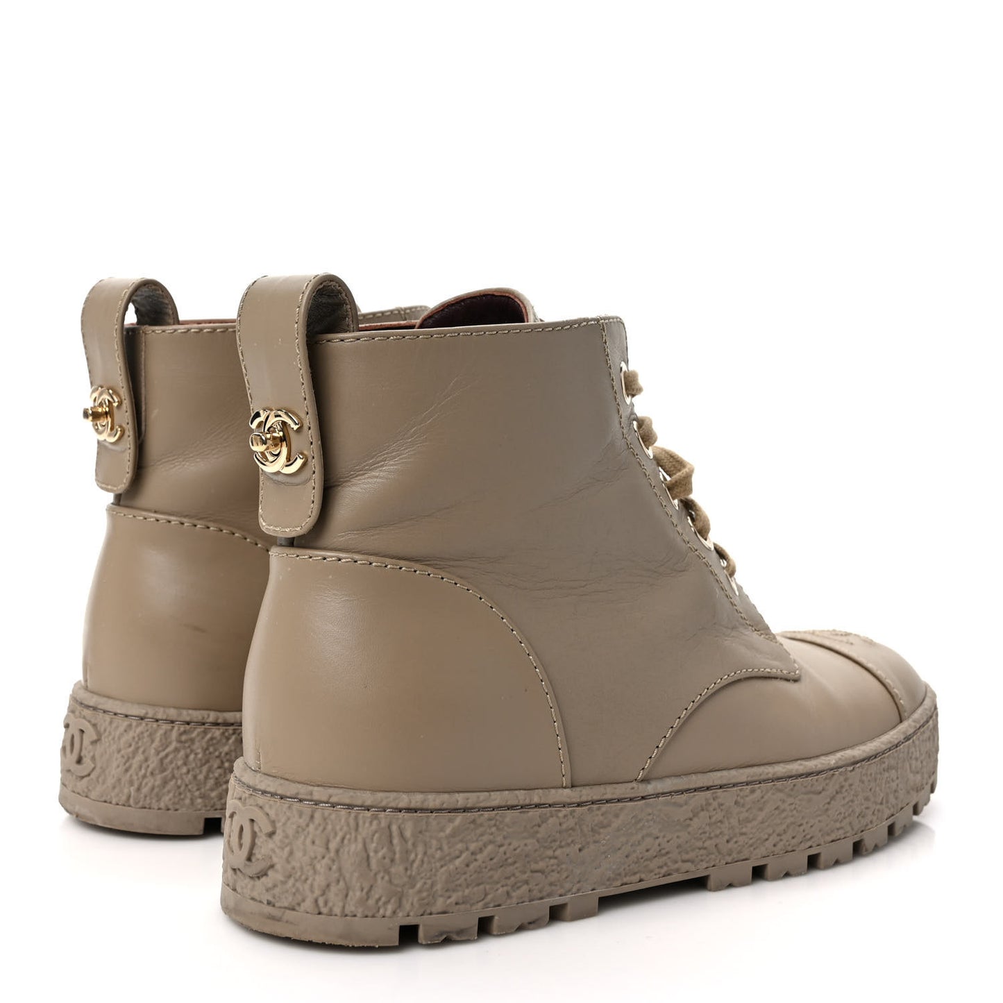 Calfskin CC Turnlock Lace Up Boots 38 Beige