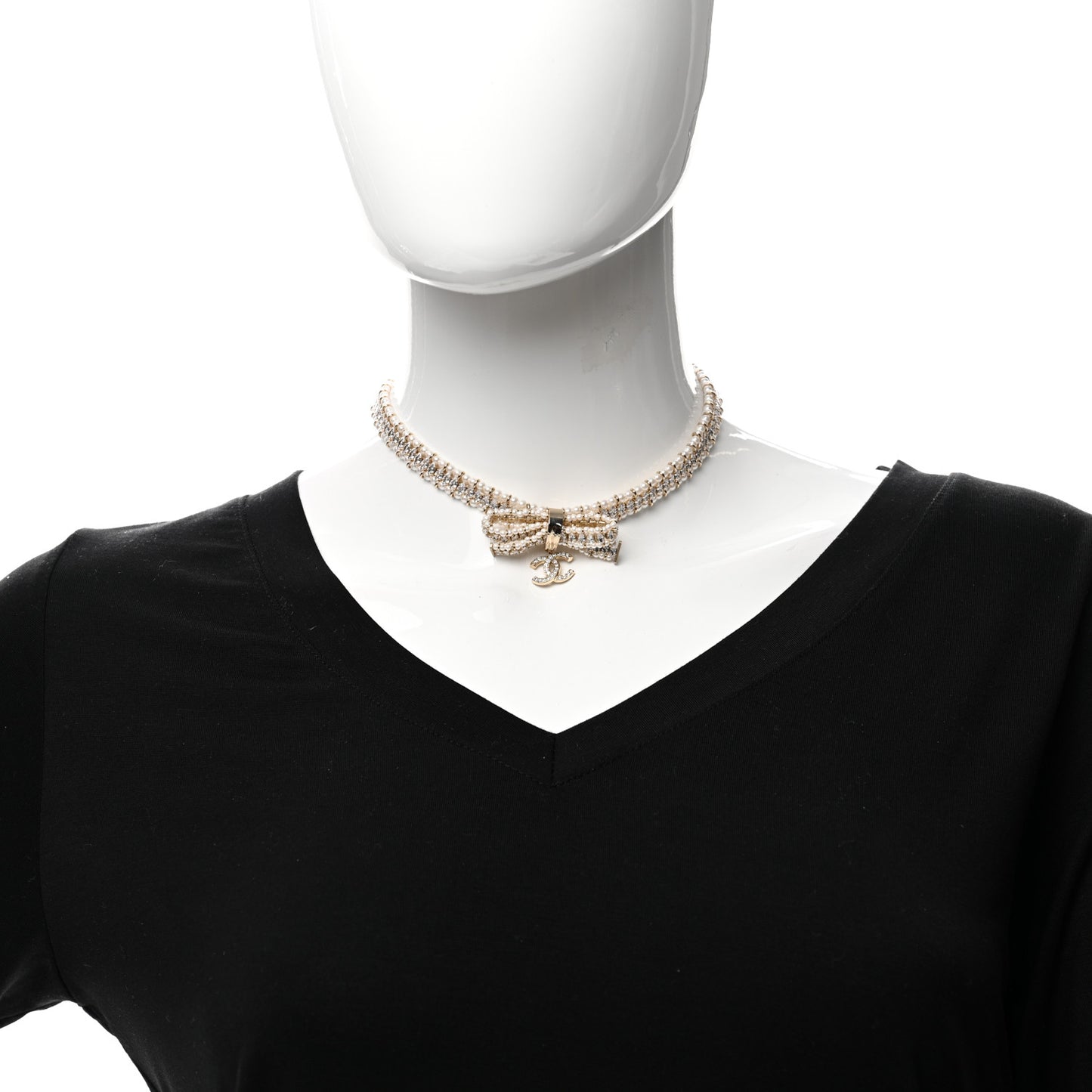 Pearl Crystal CC Bow Choker Necklace Gold