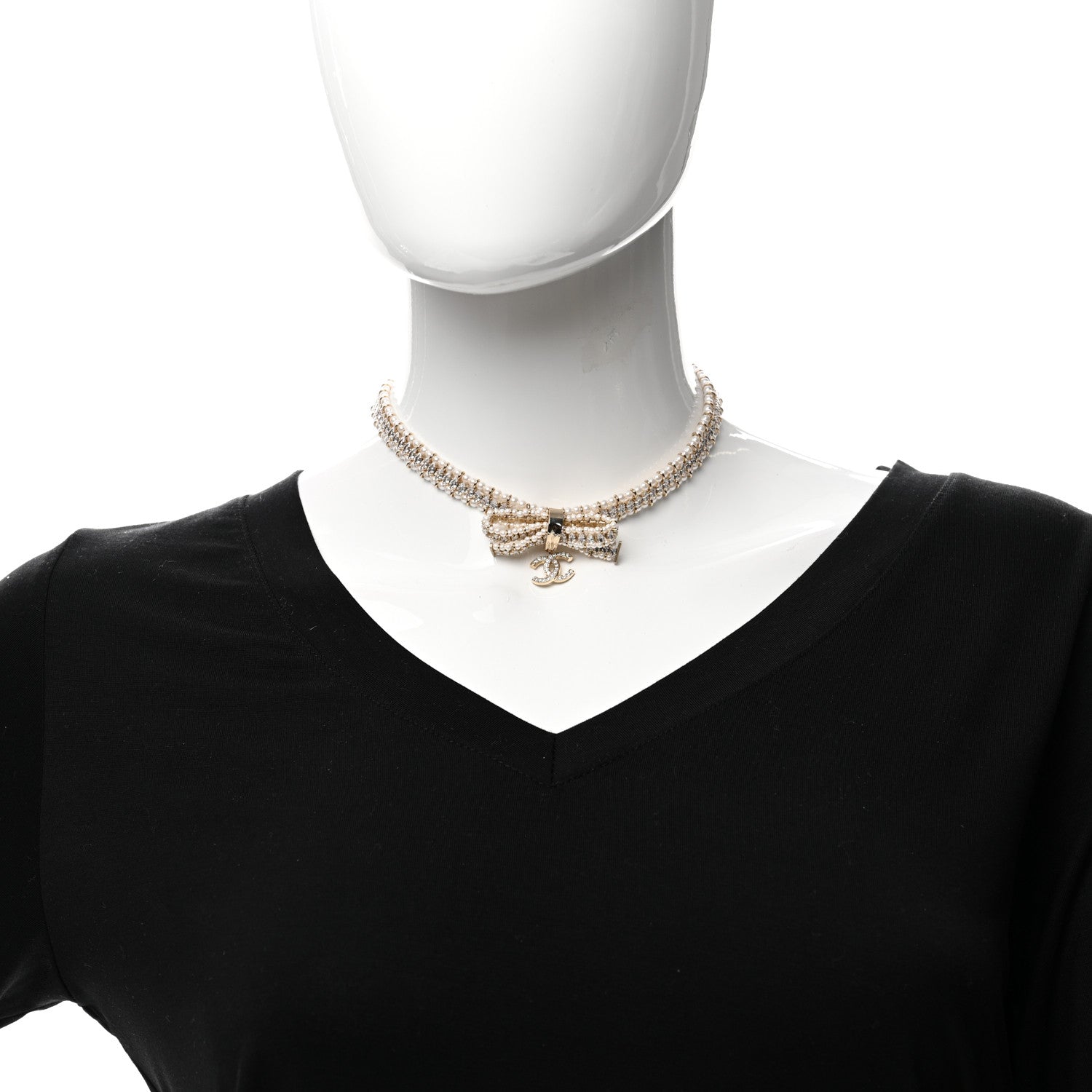 Chanel Pearl Crystal CC Bow Choker Necklace Gold 2 of 5