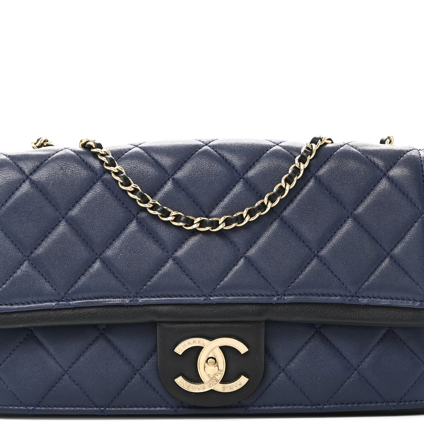 Lambskin Quilted Medium Graphic Flap Navy Black