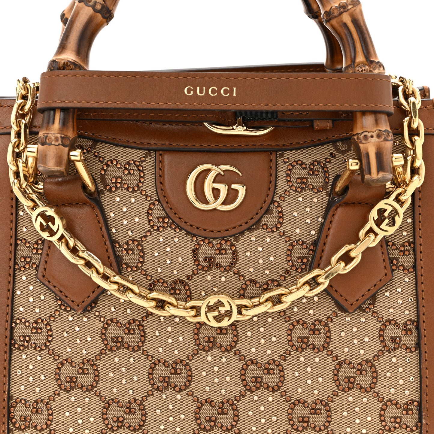 New Canvas Charisma Calfskin Crystal GG Monogram Mini Diana Tote Bag Camel Ebony