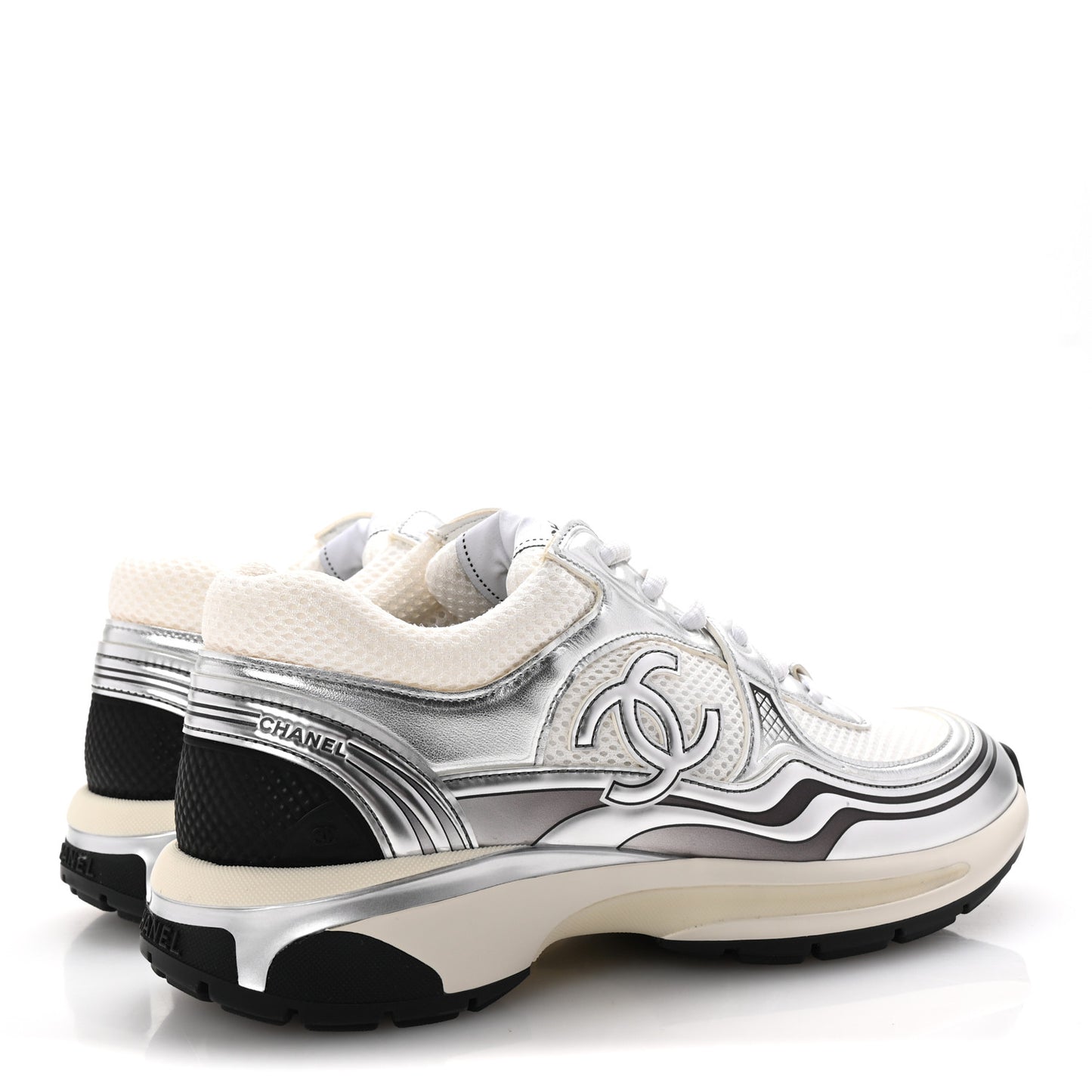 Fabric Laminated Calfskin Stretch CC Womens Sneakers 40 White Silver