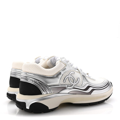 Chanel Fabric Laminated Calfskin Stretch CC Womens Sneakers 40 White Silver 5 of 10