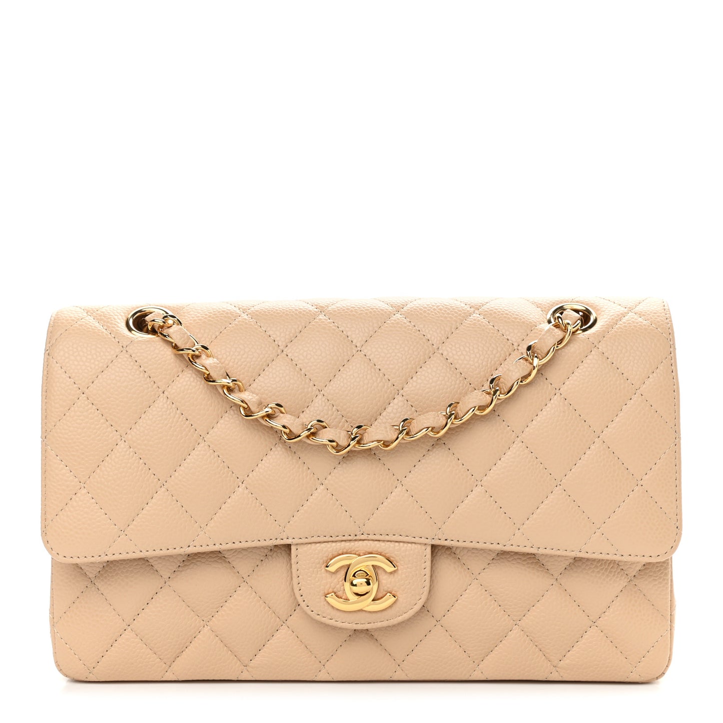 Caviar Quilted Medium Double Flap Beige Clair