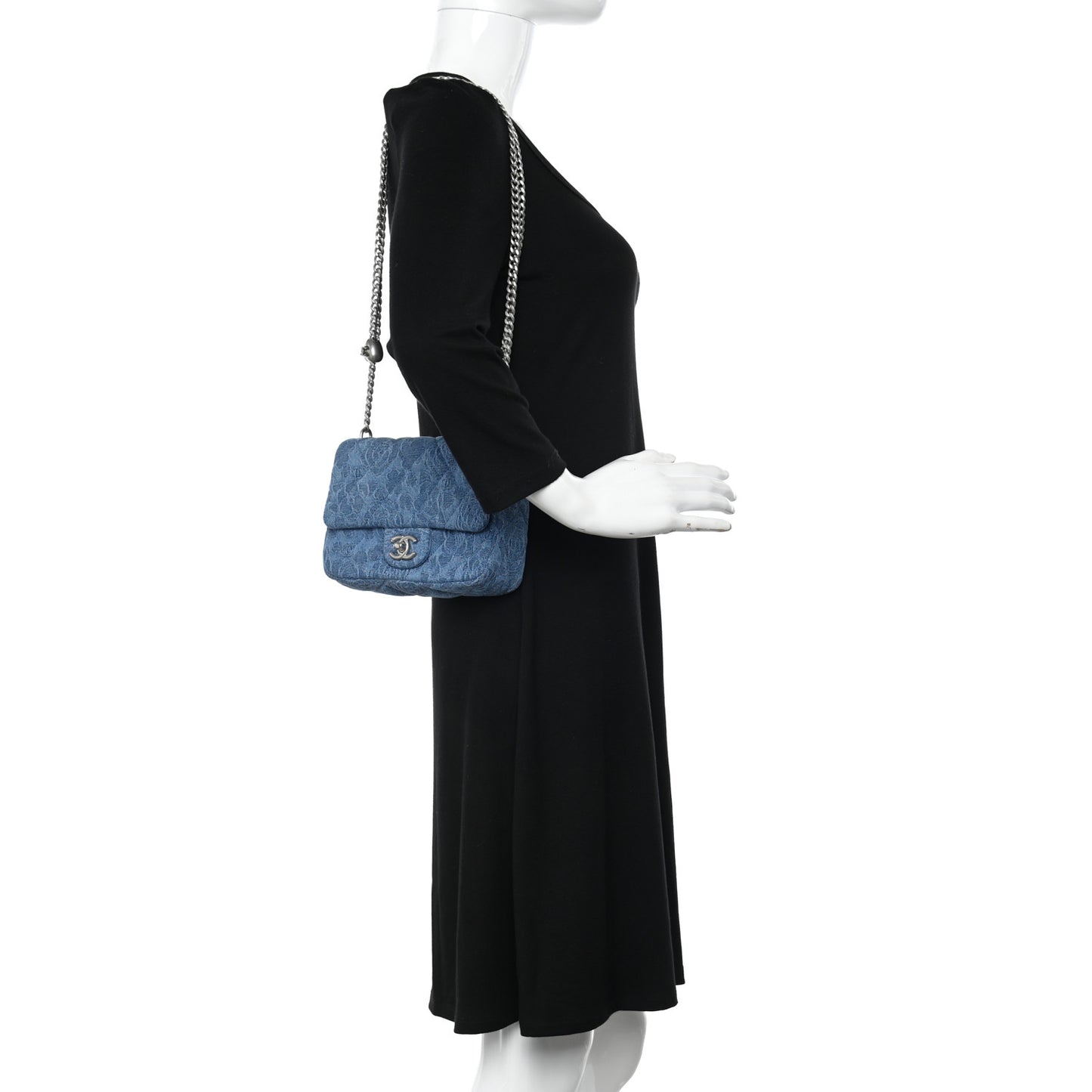 Denim Quilted Camellia Sweetheart Mini Flap Blue