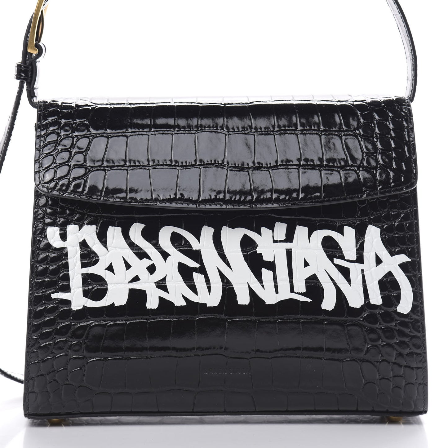 Shiny Calfskin Graffiti Logo Crocodile Embossed Medium Ghost Shoulder Bag Black White