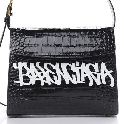 Balenciaga Shiny Calfskin Graffiti Logo Crocodile Embossed Medium Ghost Shoulder Bag Black White 8 of 10