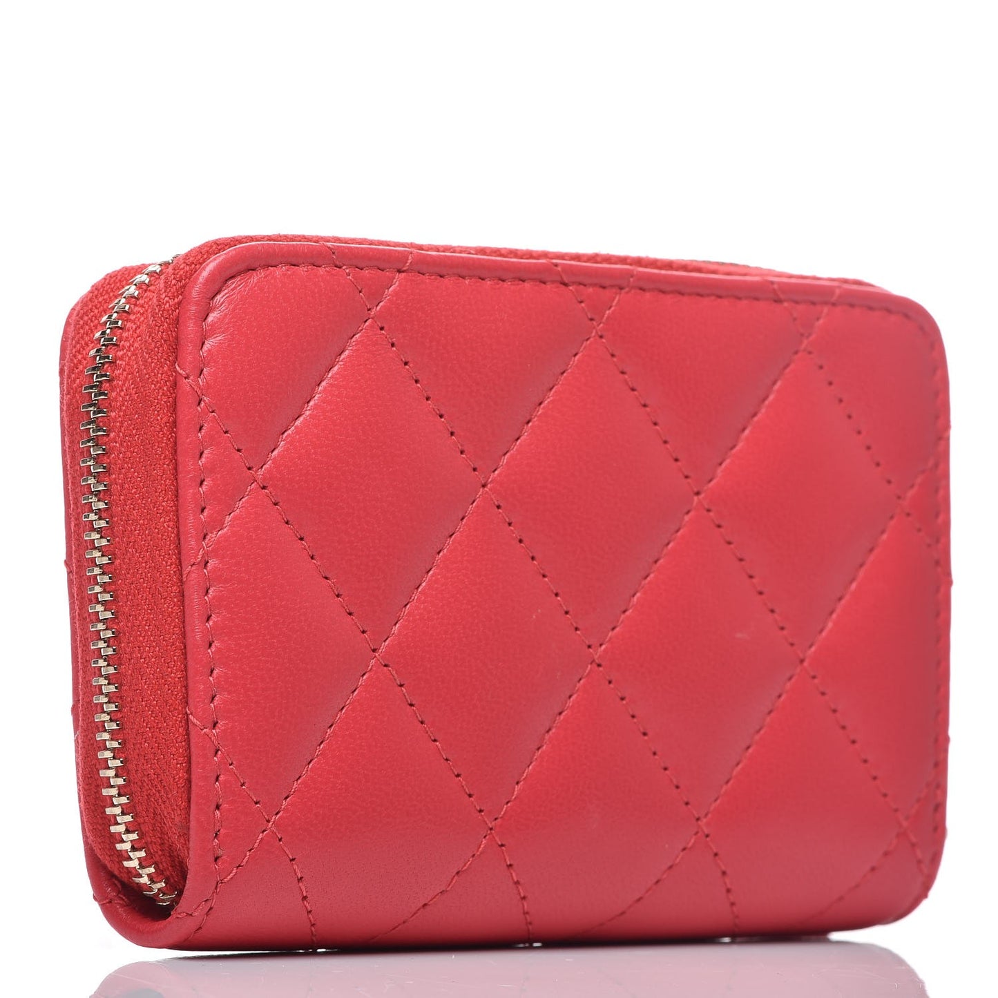 Lambskin Quilted Zip Around Coin Purse Wallet Light Red